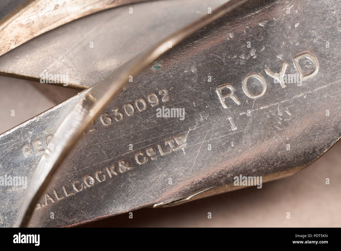 Detail of a metal ROYD fishing lure made by Allcocks & Co Ltd. From a collection of vintage fishing tackle Dorset England UK GB Stock Photo