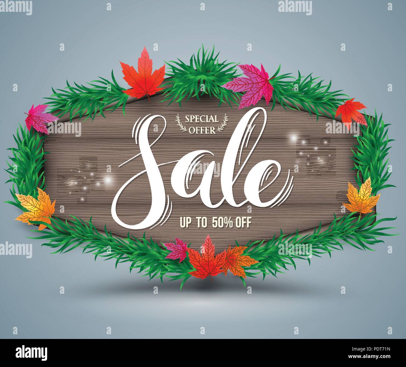 Wooden autumn sale signboard for promotion element advertising. Vector illustration for business. Stock Vector