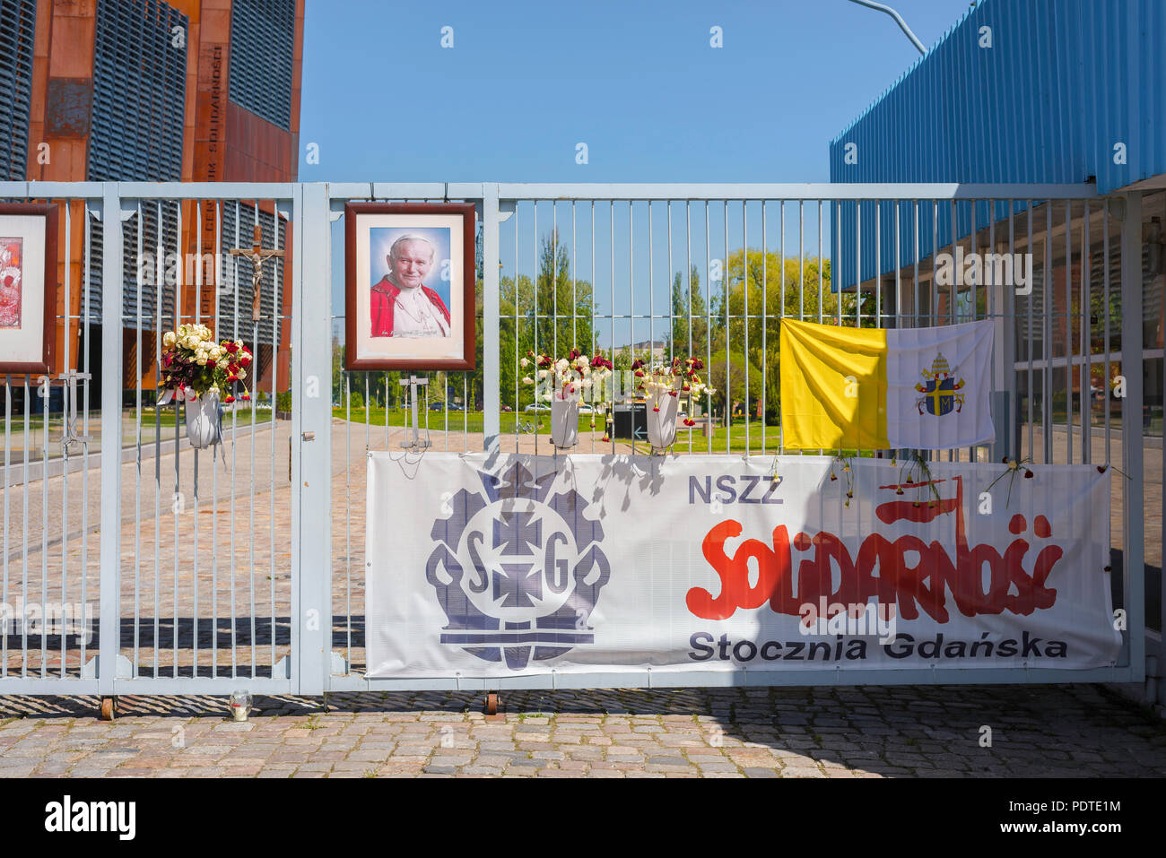 Shipyard gate Gdansk, view of the historic Number 2 Gate of the Gdansk shipyard, site of the Solidarity Movement strikes in the early 1980s, Poland. Stock Photo