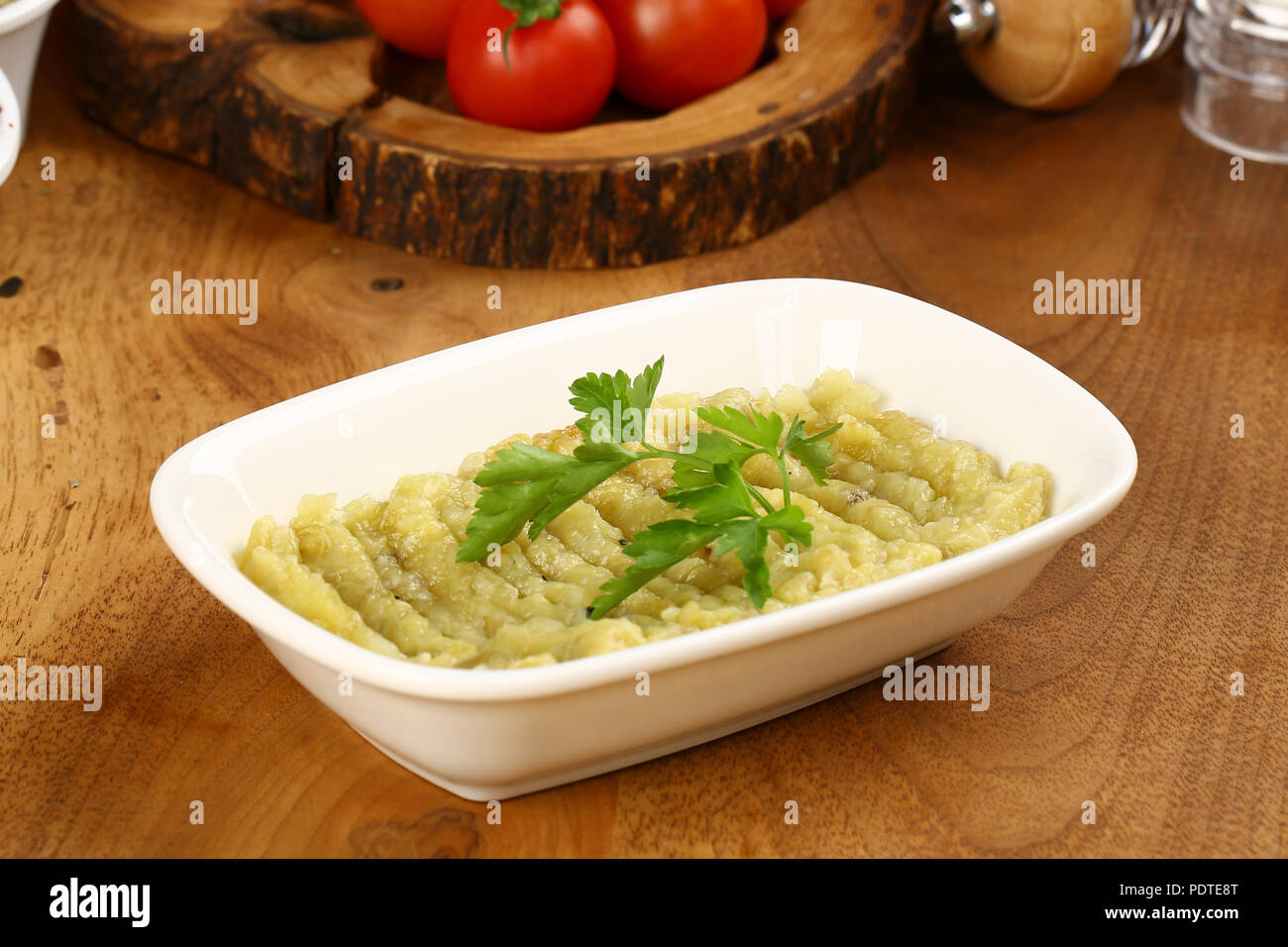 Fried eggplant puree salad appetizer Stock Photo