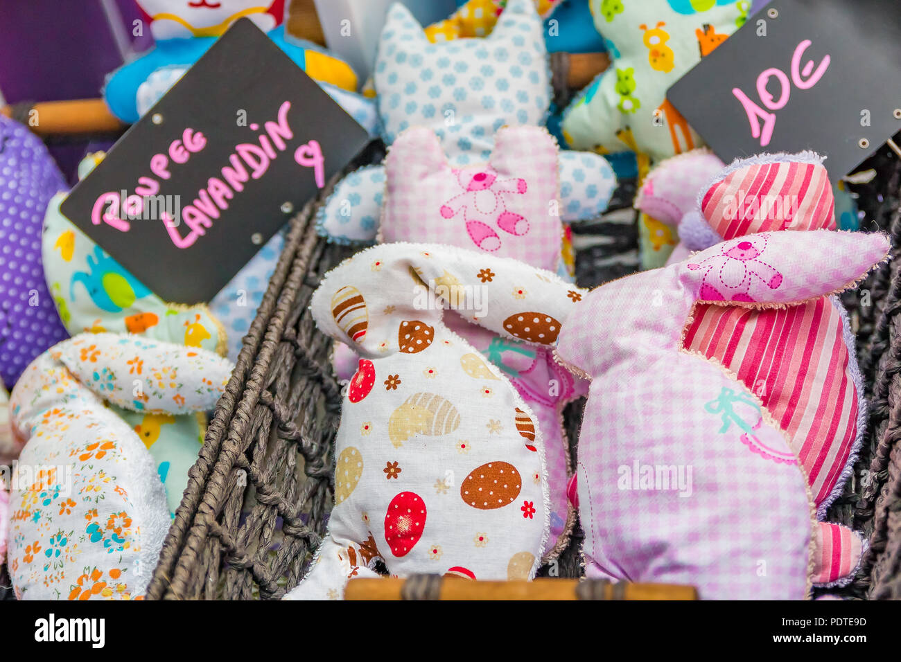 Rabbit shaped decorative sachets filled with lavender at market at a market in Eze Village, France Stock Photo