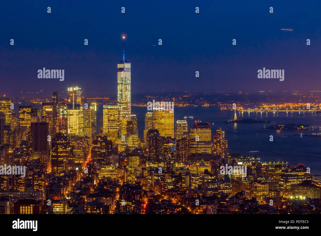 New York - May 31, 2016: New York Downtown and lower Manhattan skyline view with the One World Trade Center skyscraper viewed from Empire State Buildi Stock Photo