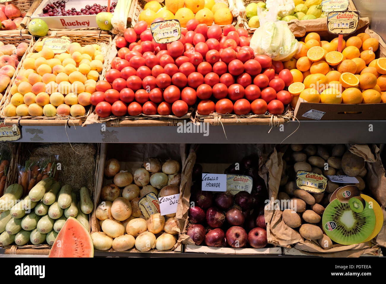 Fruit and vegetables market stall with prices Stock Photo