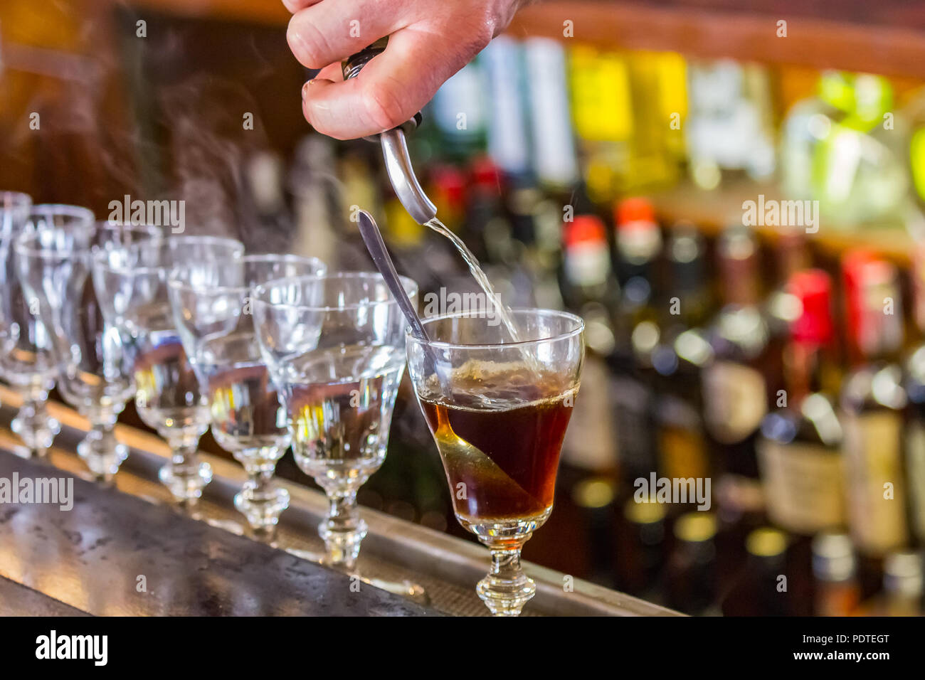 San Francisco, USA May 2, 2014 Irish Coffee drinks being made on the bar counter at the