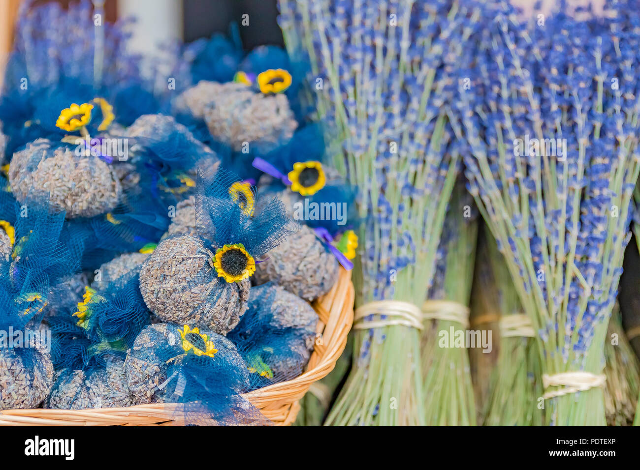 Colorful decorative sachets filled with lavender at market at a market in Nice in the South of France Stock Photo