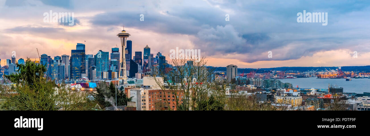 Seattle, WA - February 26, 2017: Seattle skyline panorama with the Seattle Space Needle at sunset view from Kerry Park in Stock Photo