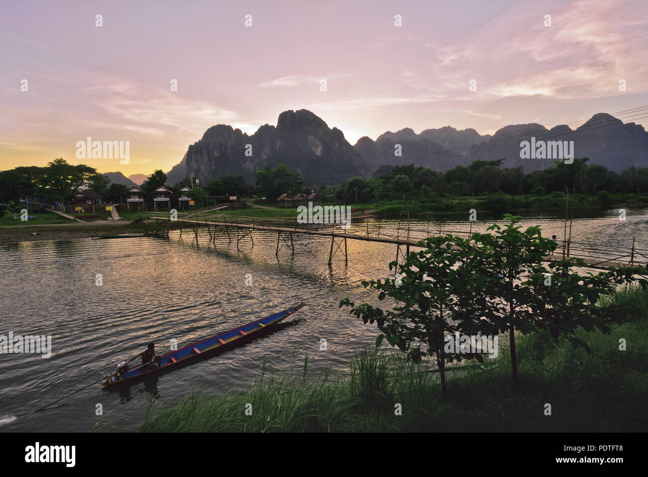 Beautiful sunset on the river Nam Song, Vang Vieng, Laos Stock Photo