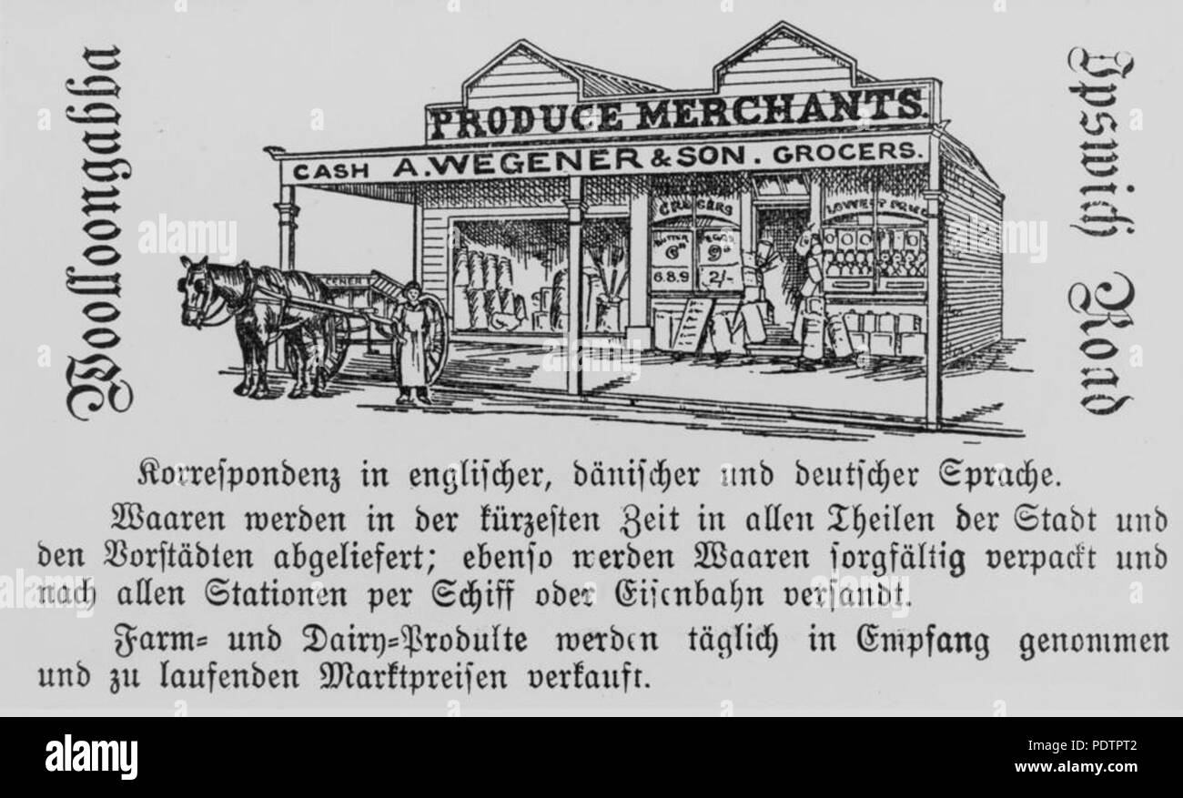 200 StateLibQld 1 102416 Advertisement for A. Wegener and Son, Cash Grocers, Ipswich Road, Woolloongabba, 1898 Stock Photo