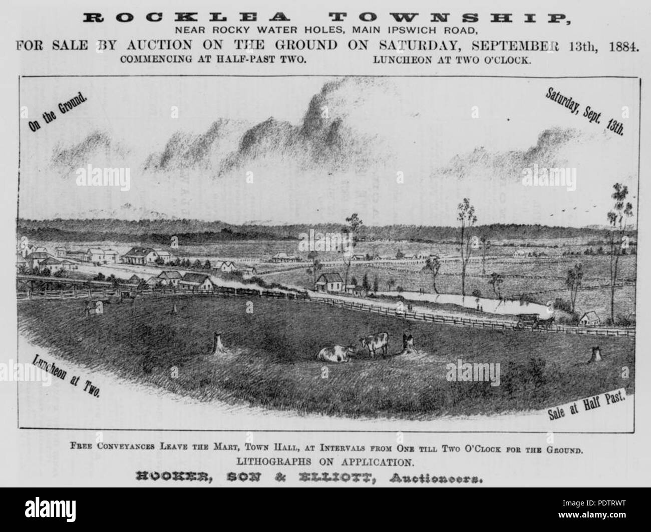 204 StateLibQld 1 108596 Advertisement for land sales at Rocklea, Brisbane, 1884 Stock Photo