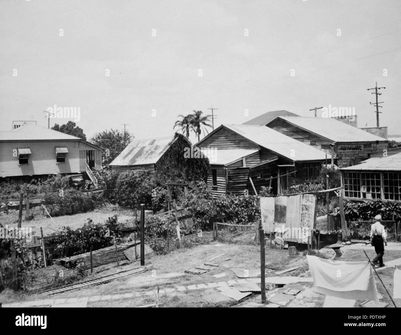 213 StateLibQld 1 123848 Backyards of a mixed business and some housing, Rocklea area Stock Photo