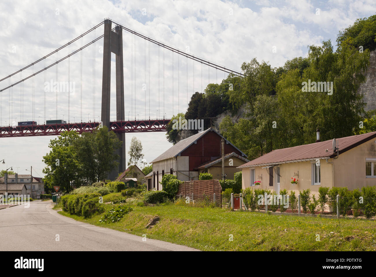 Southern pile of the Tancarville bridge, a suspension bridge over the Seine  river in the outskirts of Le Havre, France Stock Photo - Alamy
