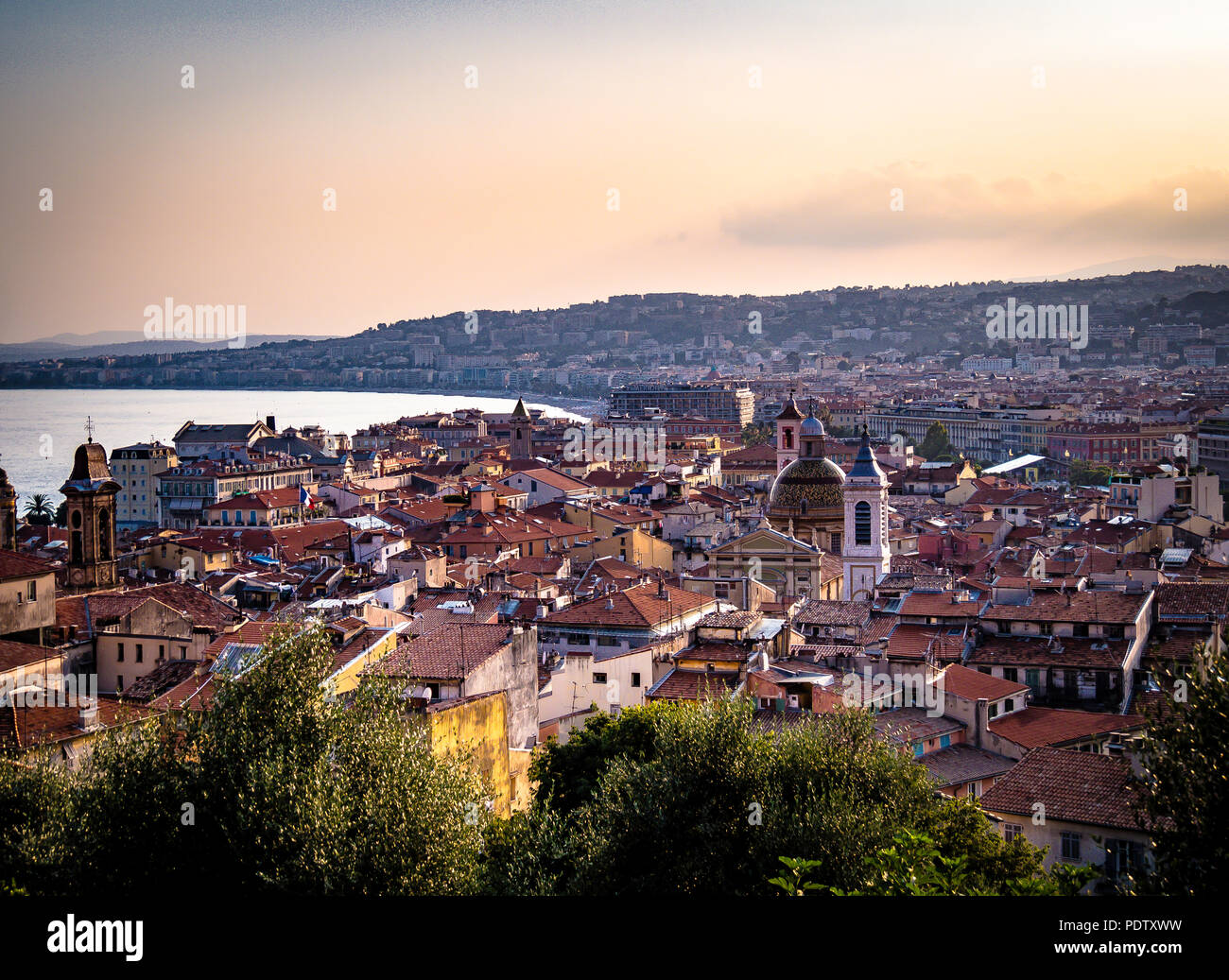 Skyline of Nice France during sunset hour Stock Photo