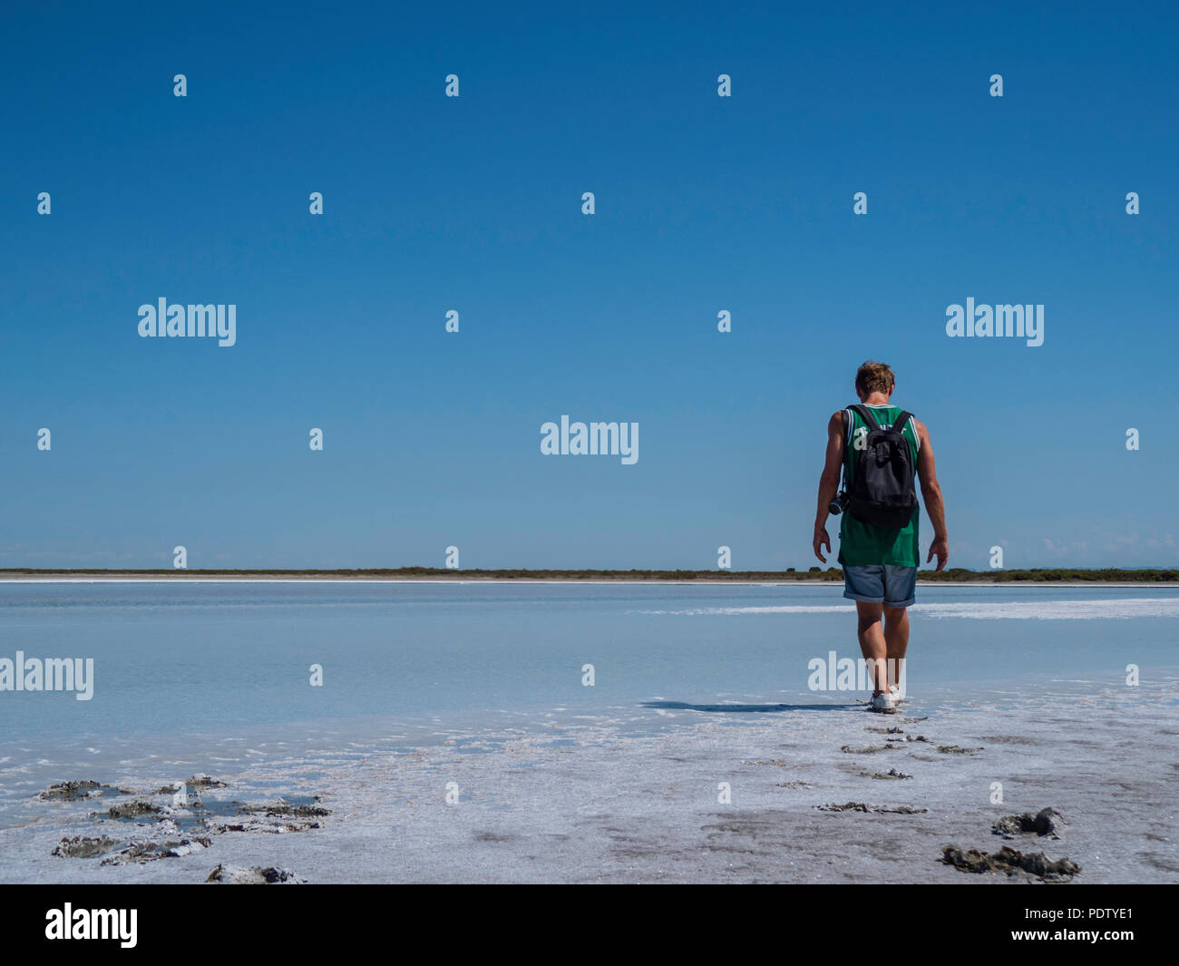 solo traveler standing on a salt flat in Camargue National Park South of France Stock Photo
