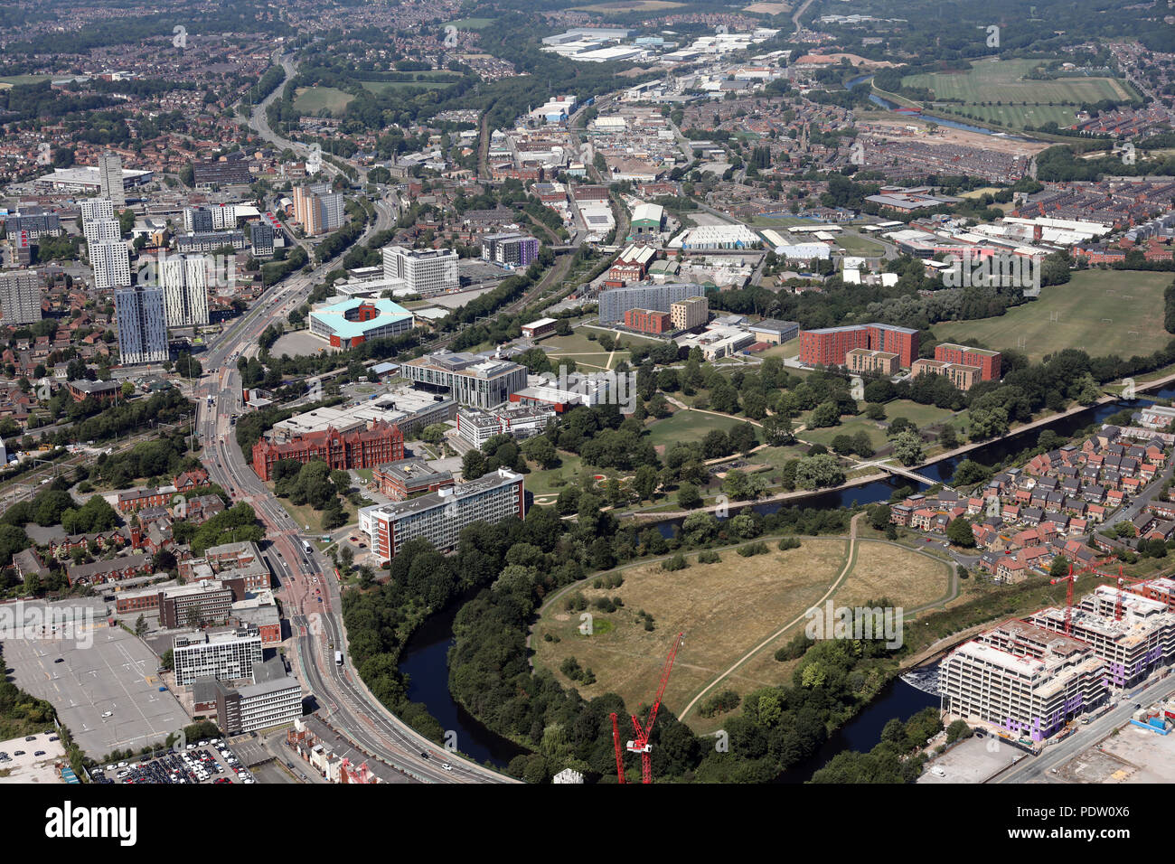 aerial view of Salford University from along the A6 over the River Irwell, Manchester Stock Photo