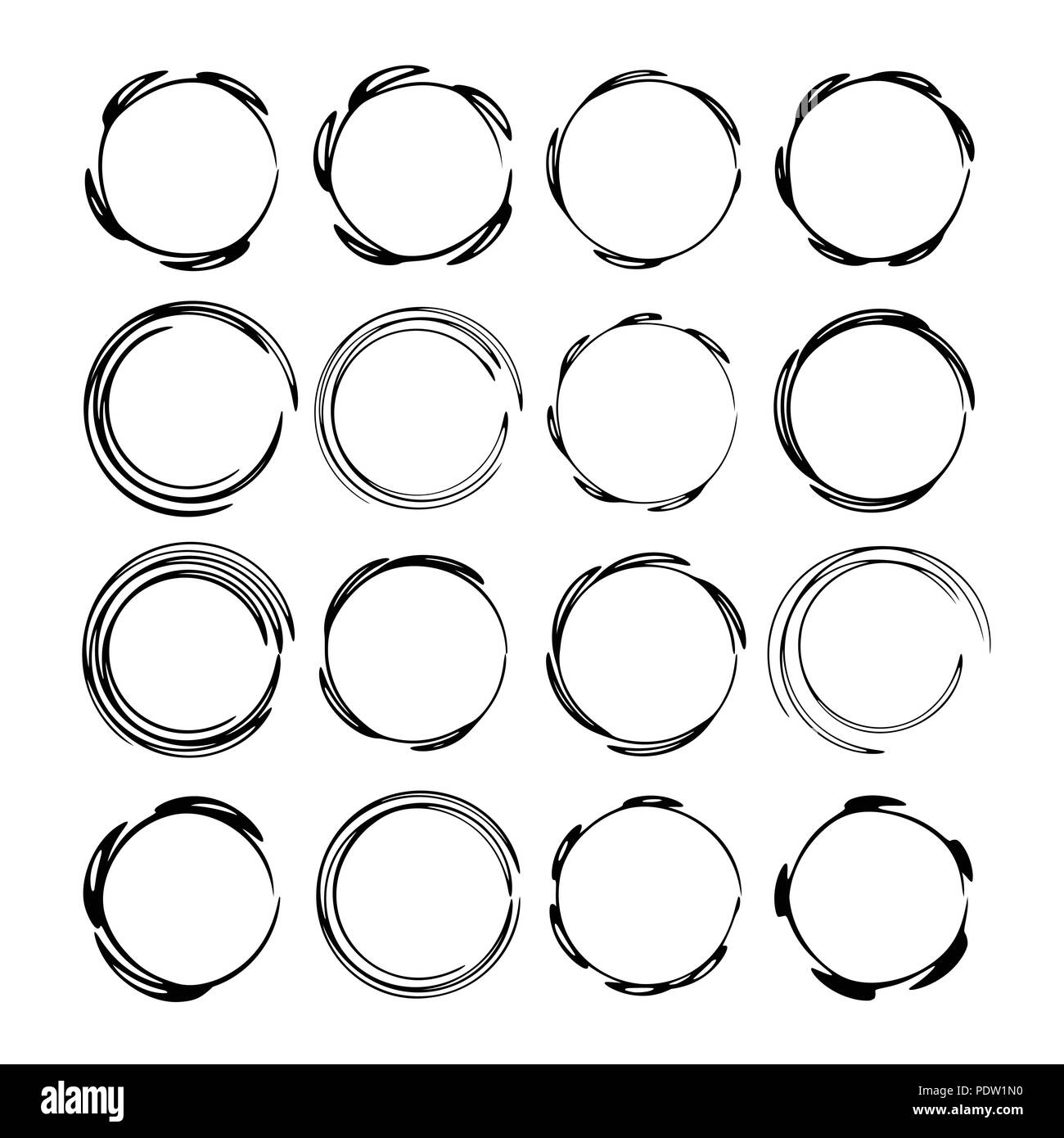 Set of black round grunge frames. Collection of borders. Vector
