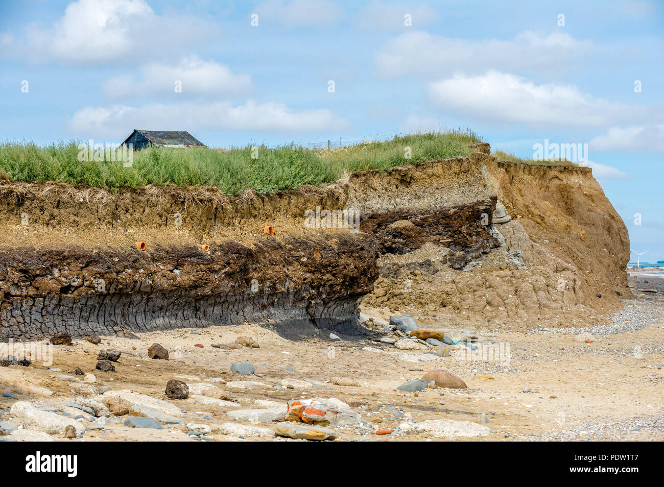 The fastest eroding coast line in the U.K. at Skipsea, Yorkshire, UK. Stock Photo