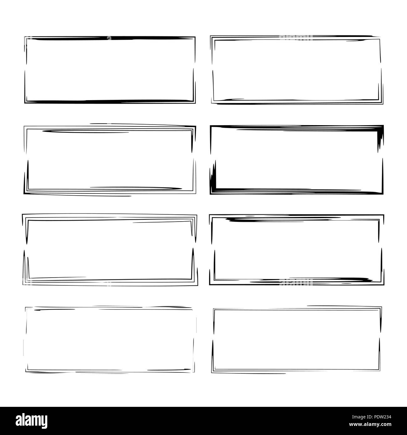 Set of black square grunge frames. Geometric rectangle empty borders. Vector illustration. Stock Vector