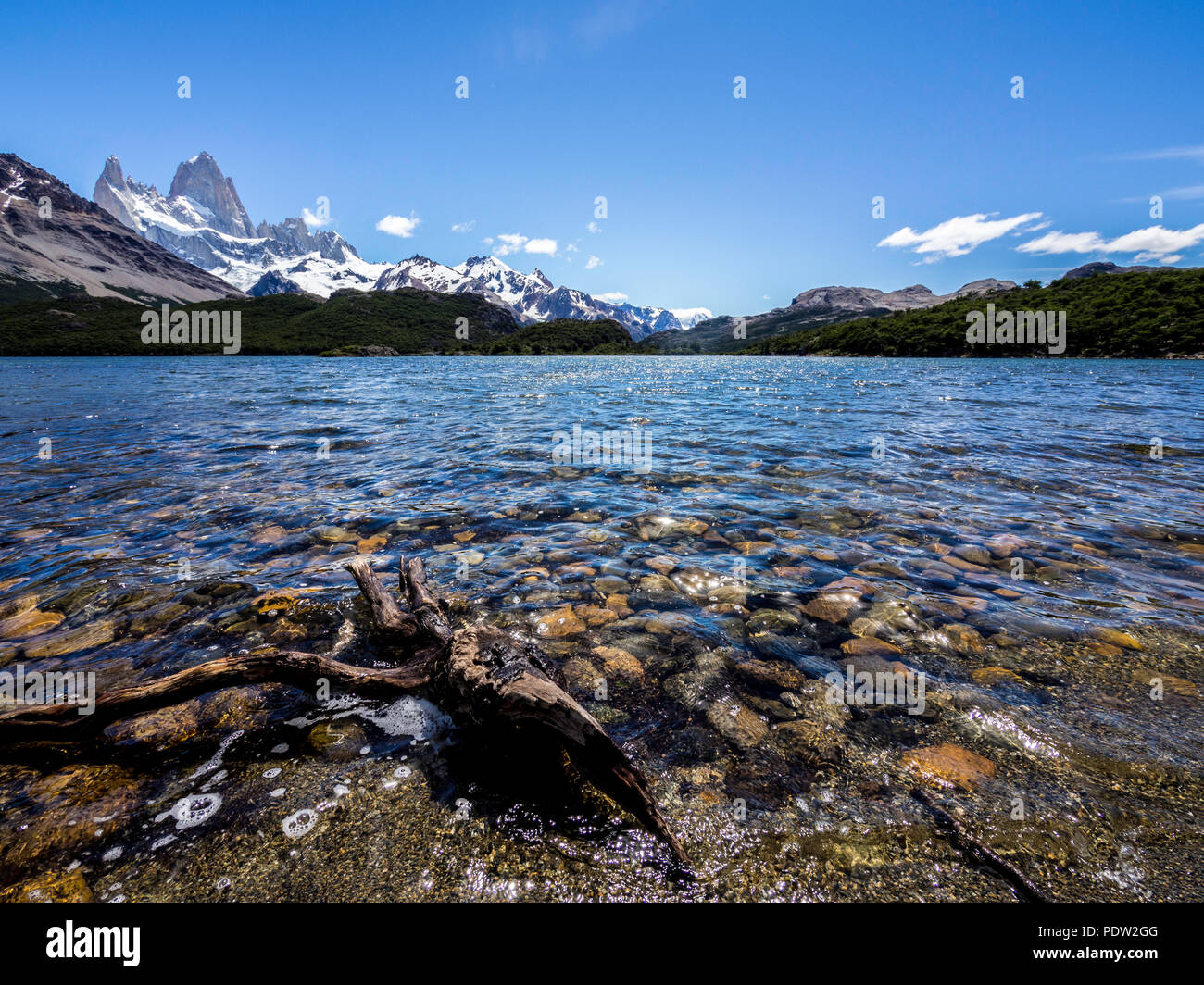 Panoramic landscape of a lake with Fitz Roy at the background in Patagonia, Argentina Stock Photo