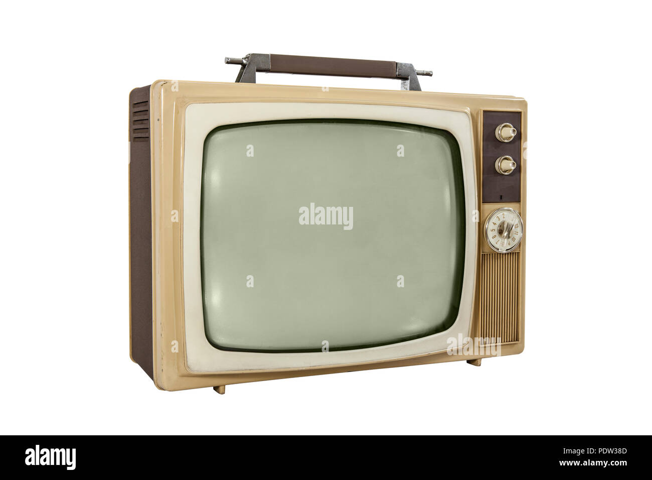 Vintage portable television isolated on white with off screen. Stock Photo
