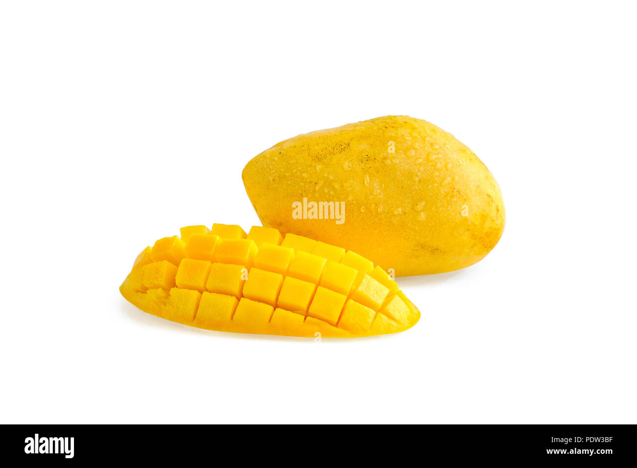 Ripe yellow carabao mango with cube sliced one on white background Stock Photo