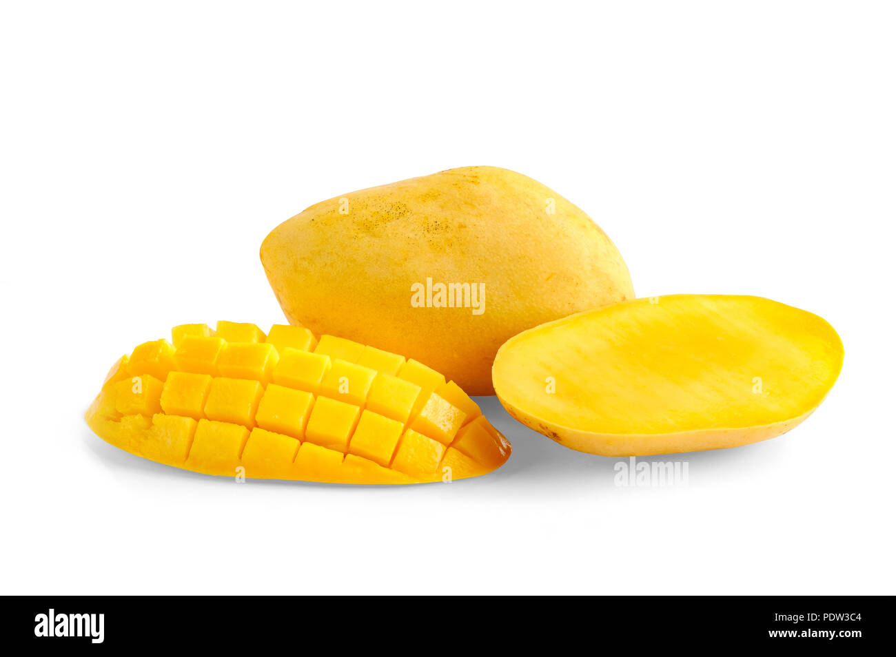Ripe yellow carabao mango with cube sliced one on white background Stock Photo