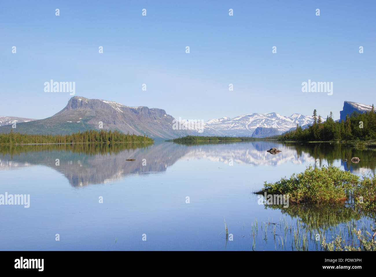 The beauty of Laponia Wilderness - Lake Laitaure Water Reflections. Stock Photo