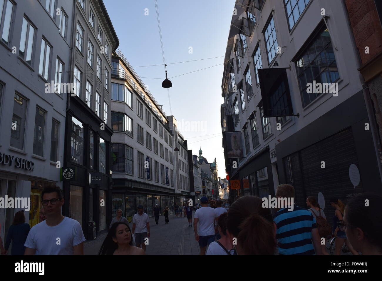 Busy Pedestrian Street in Copenhagen, Denmark Stock Photo