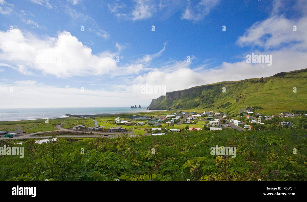 The small resort community of Vik, Iceland, lying on the Atlantic Ocean on Iceland's South coast. Stock Photo