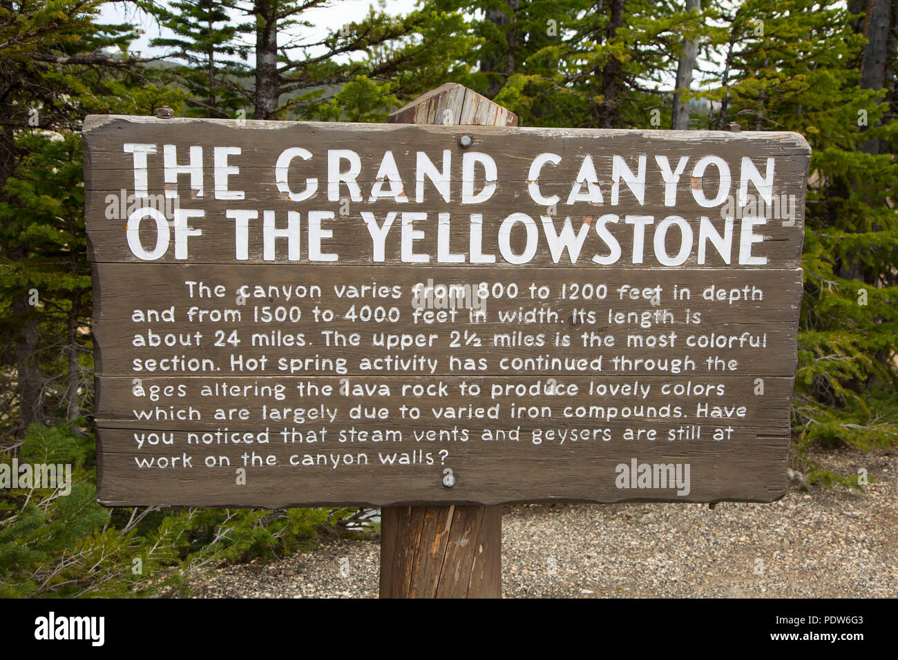 Grand Canyon of the Yellowstone sign, Yellowstone National Park, Wyoming Stock Photo