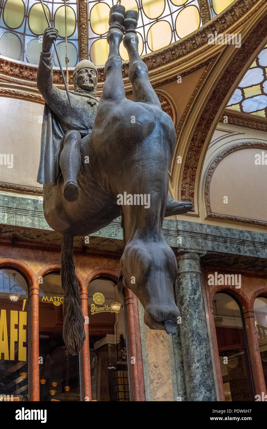 King Wenceslas riding his horse upside down in Lucerna Mall, Prague. The horse is reputed to be
