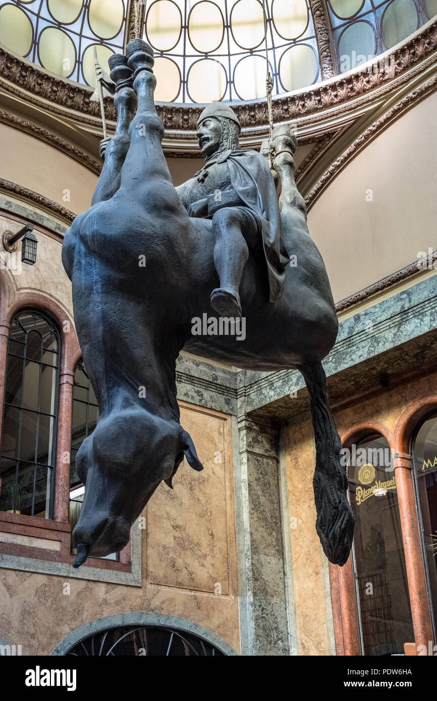 King Wenceslas riding his horse upside down in Lucerna Mall,