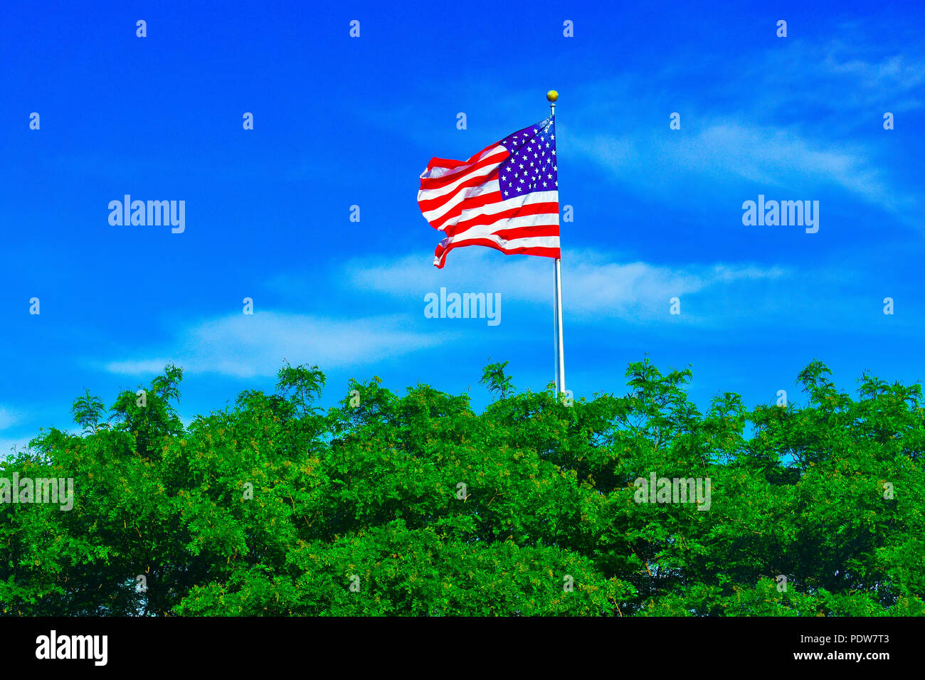 This picture depicts the flag that is flown on liberty island, New York, next to the statue of liberty Stock Photo