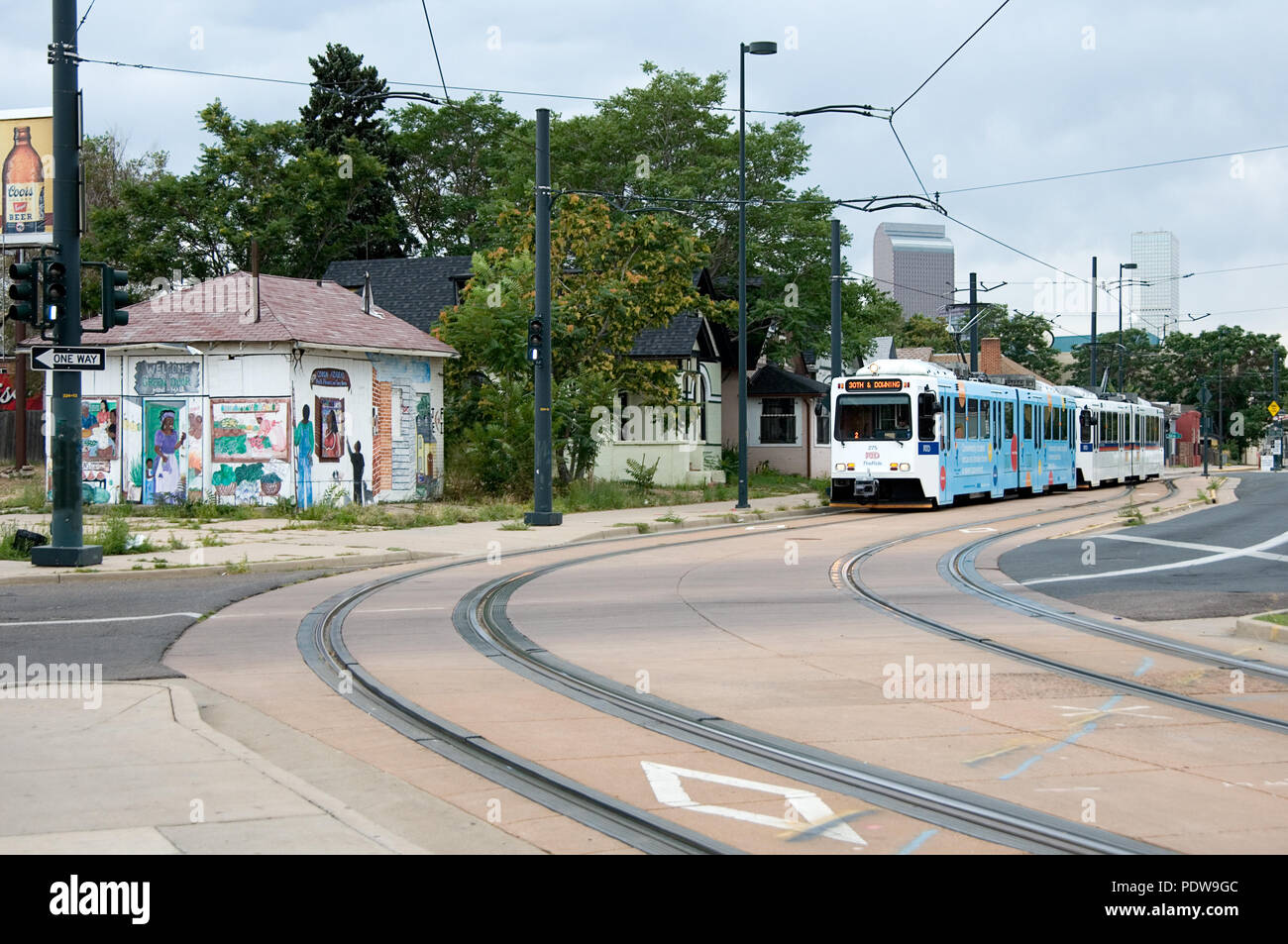 Light rail train in the Denver's historic Five Points neighborhood