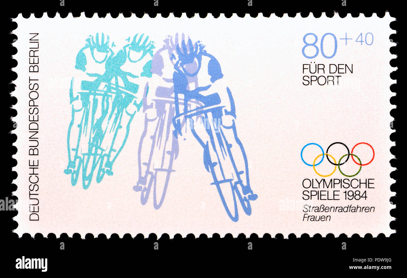 German postage stamp (Berlin: 1984) : 'Fur den Sport' (charity stamp funding sport) 1984 Olympics: Women's road cycling Stock Photo