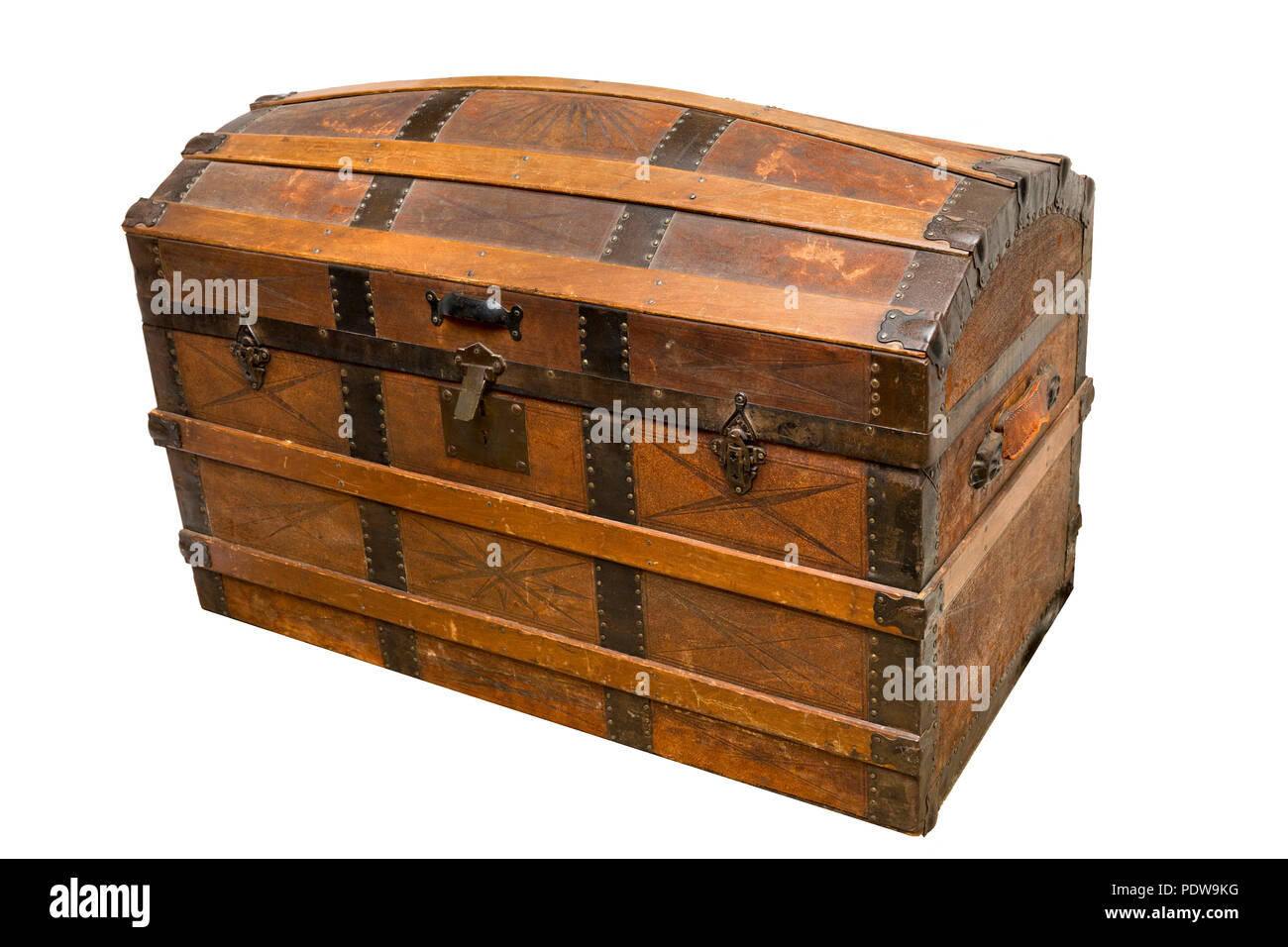 Victorian Dome topped steamer trunk with riveted metal banding and tooled leather decoration Stock Photo