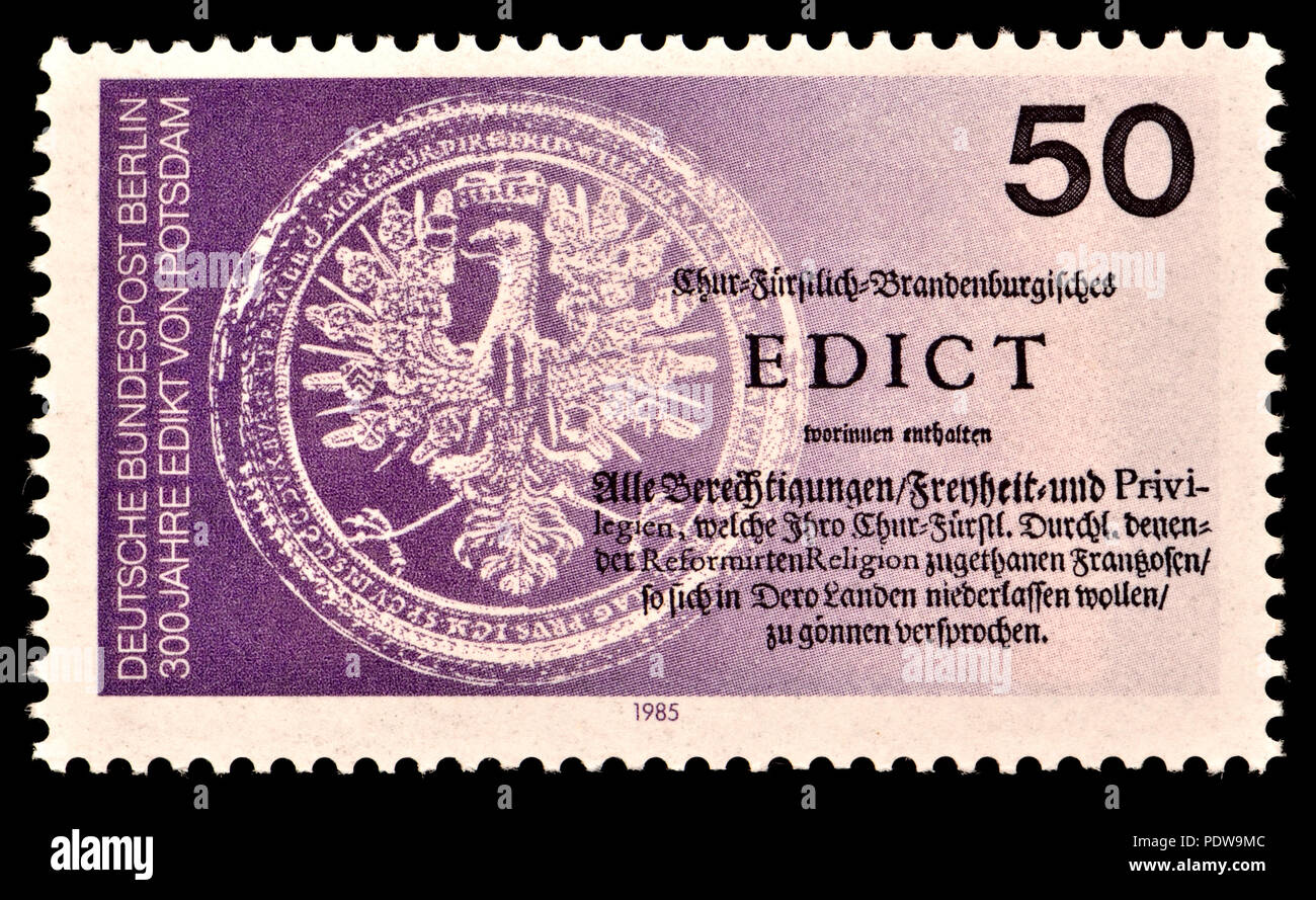 German postage stamp (Berlin: 1985) : 300th anniversary of the Edict of Potsdam (Edikt von Potsdam) - a proclamation by Frederick William, Elector of  Stock Photo