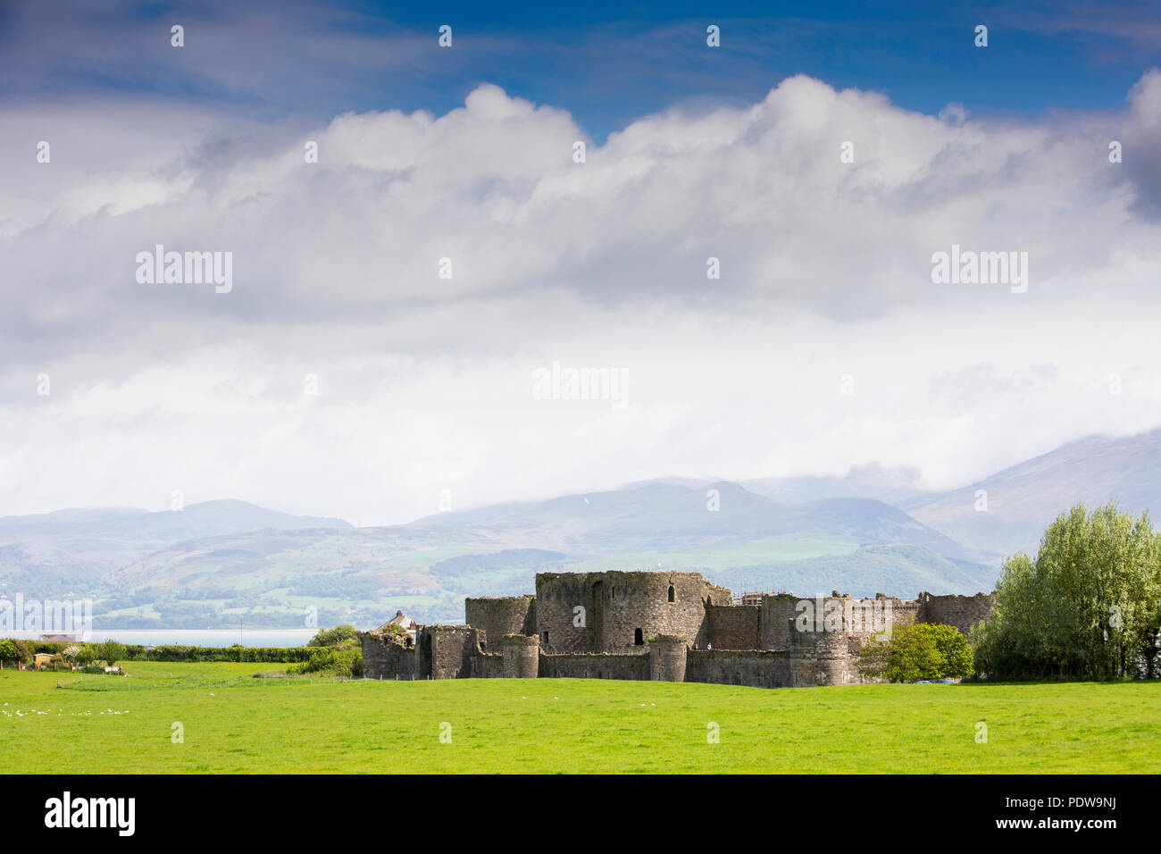 UK, Wales, Anglesey, Beaumaris castle from north with Snowdonia behind Stock Photo