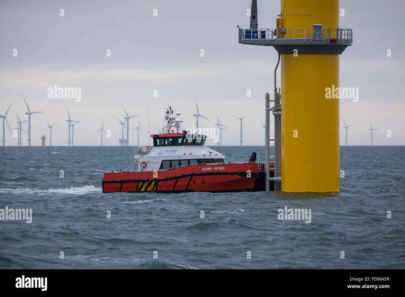 The crew transfer vessel, Njord Petrel working on the Walney Extension Offshore Wind Farm Stock Photo