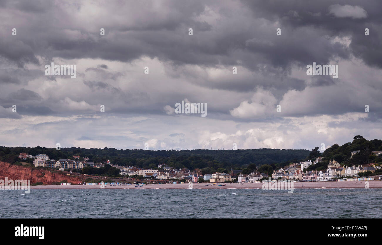Panoramic view of dark skies over Budleigh Salterton, Devon, from the