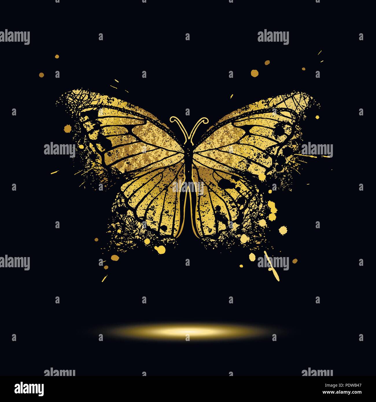 decorative golden butterfly on a black background Stock Vector