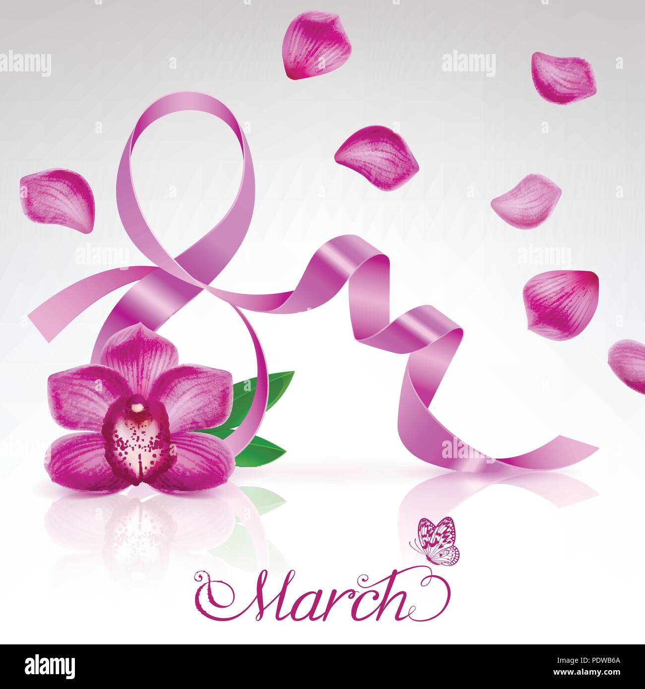 greeting card with International Women's Day on 8 March with orchid Stock Vector