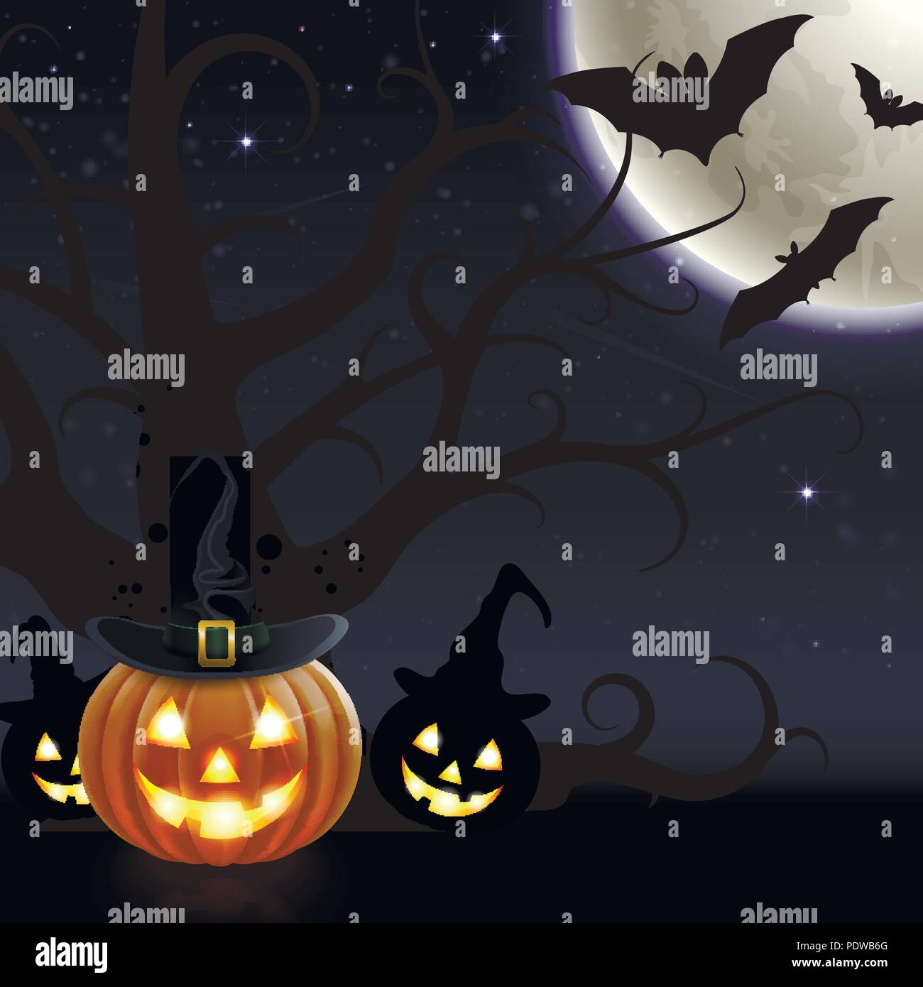 halloween vector background with pumpkin in the hat and bats Stock Vector