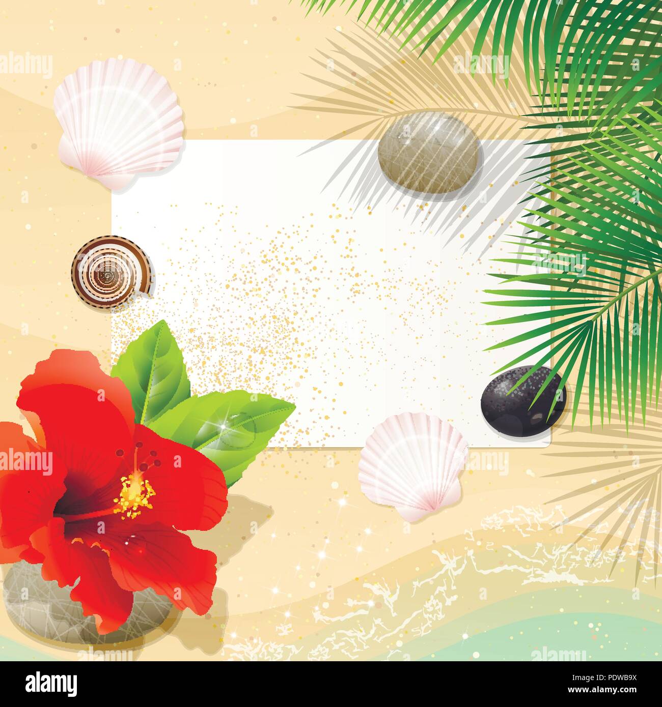 tropical beach with white paper leaf and red hibiscus Stock Vector