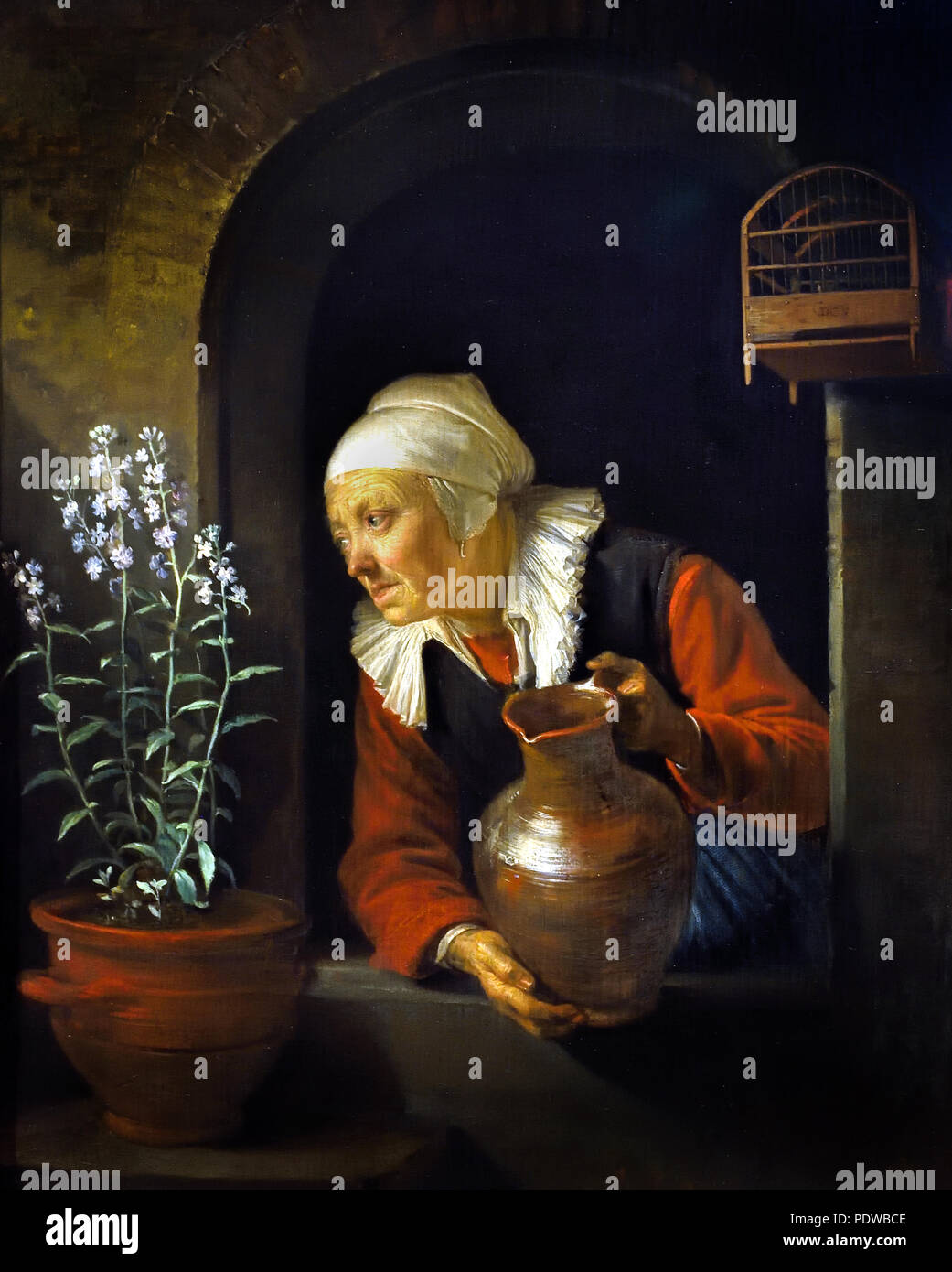 Old woman at the window, watering flowers 1660/1665  Gerard - Gerrit  DOU 1613 - 1675 Dutch the Netherlands Stock Photo