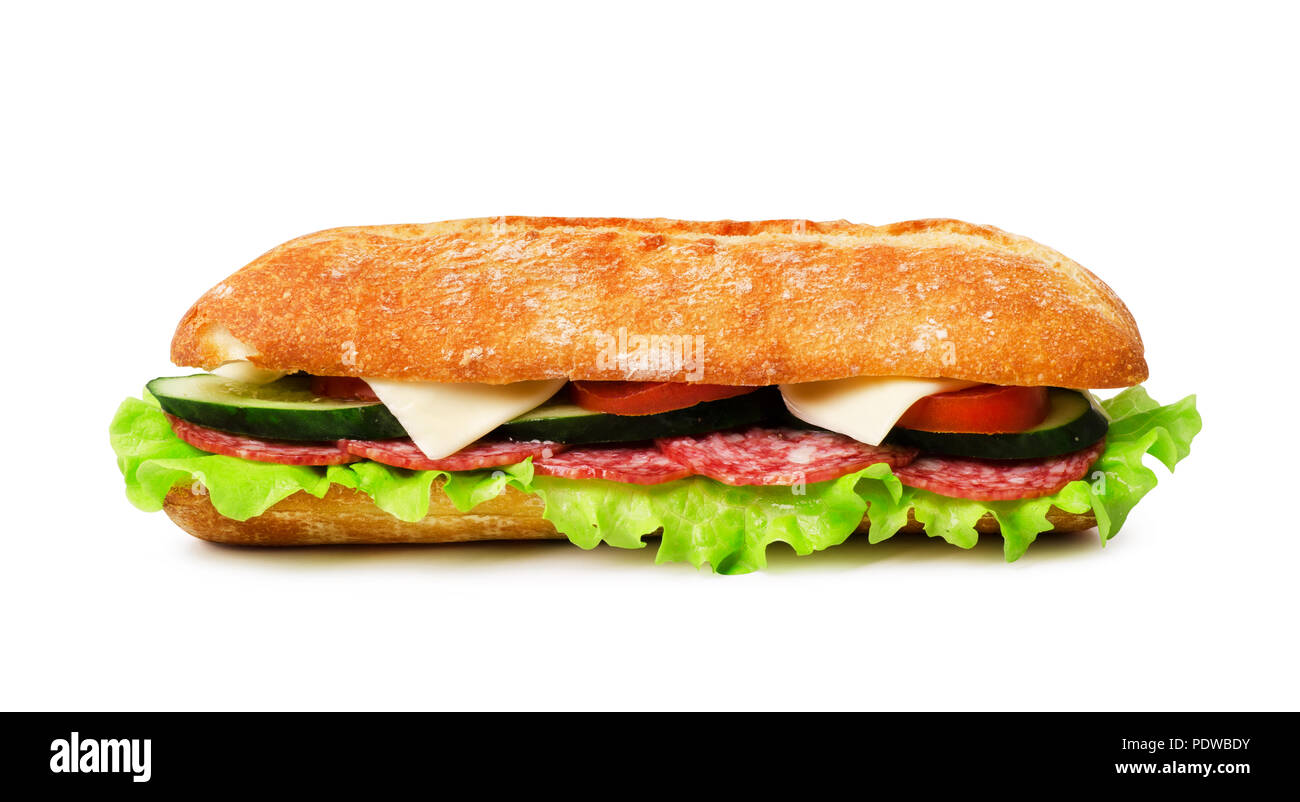 Fresh submarine sandwich with salami, cheese, tomatoes, lettuce and cucumbers isolated on a white background Stock Photo