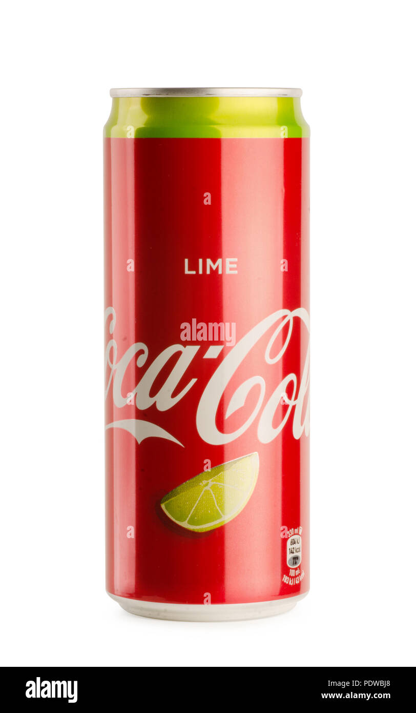 KRASNODAR, RUSSIA - MARCH 10, 2018: Beverage canister Coca-cola LIME. Coca-Cola, is a carbonated soft drink produced by The Coca-Cola Company. Path in Stock Photo
