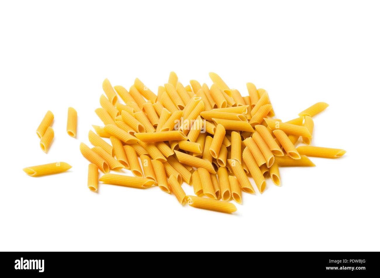 Dry raw penne rigate pasta isolated on white background Stock Photo