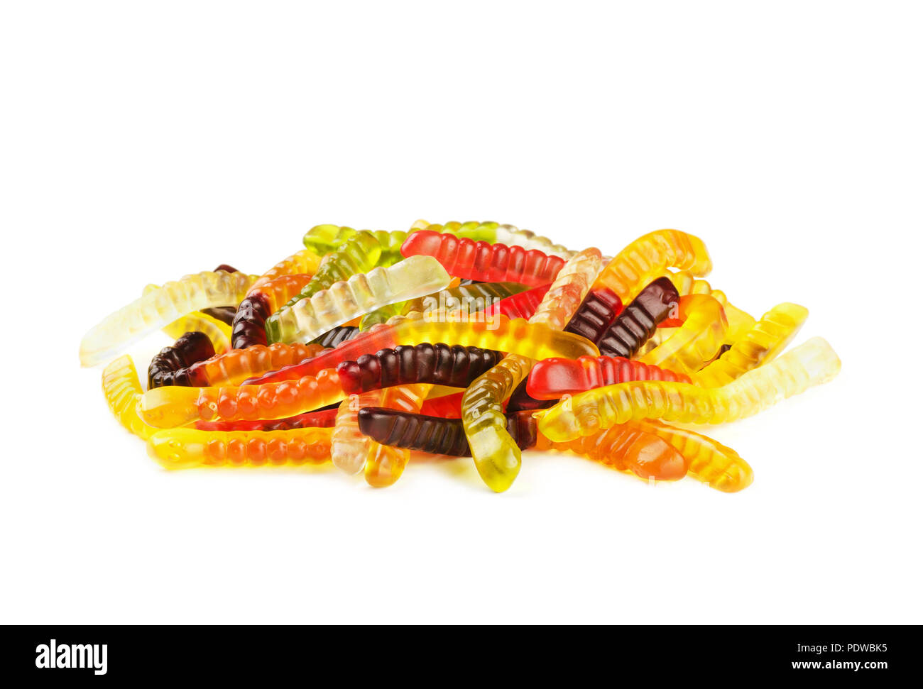 Colorful jelly worms or snakes isolated on white background Stock Photo