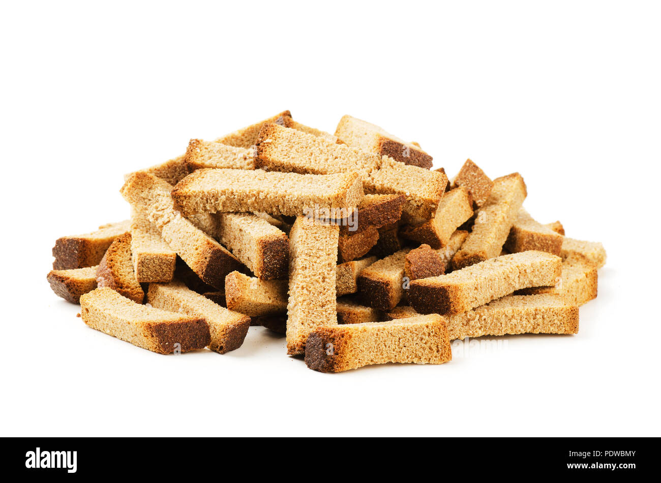 Crumbs of rye bread croutons or zwieback isolated on white background Stock Photo