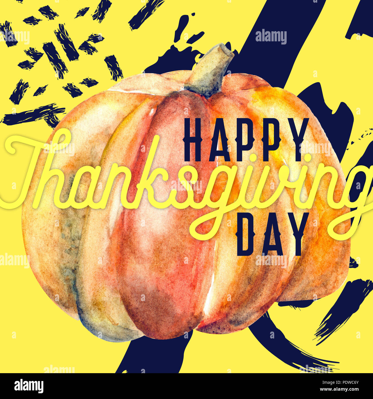 happy thanksgiving day card design with watercolor pumpkin and ...